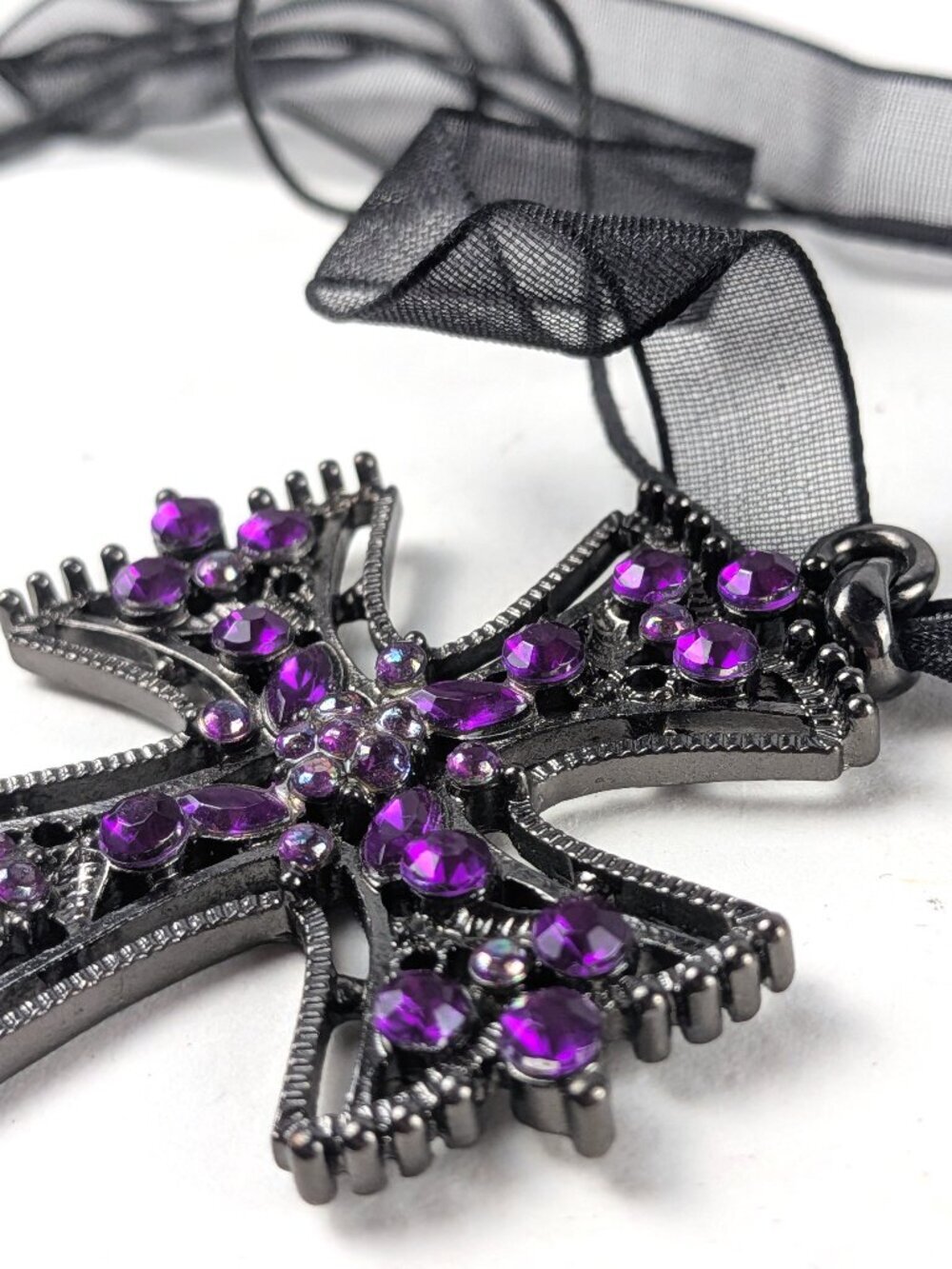 Purple/Black Rhinestone Cross Ribbon Necklace - Picture 3 of 5